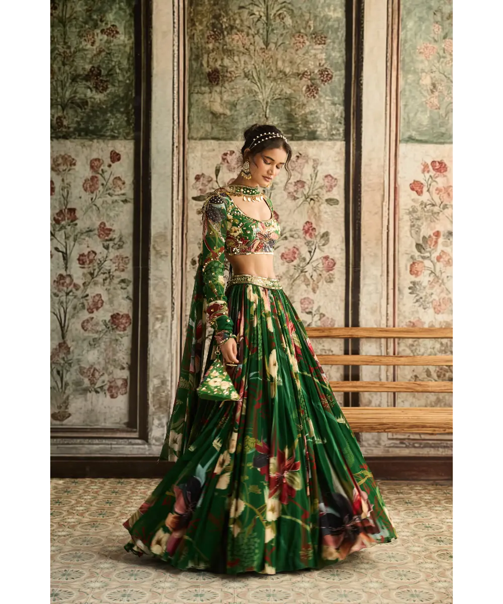 DIYARAJVVIR - Green Floral Printed Lehenga Set